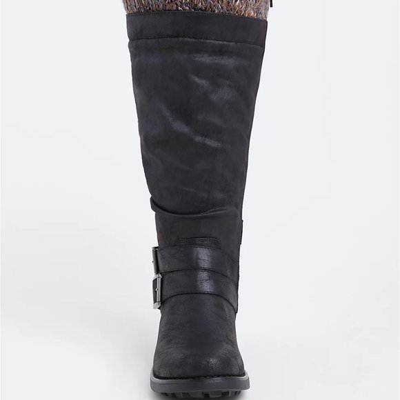 Torrid-Boots 7 Wide Knee High Black Sweater Trim Faux Leather Zip Strappy Buckle - Picture 4 of 5